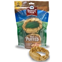 Harvest Moon Dog Chew Treat Hide-Free Puffed Braided Rings Peanut Butter