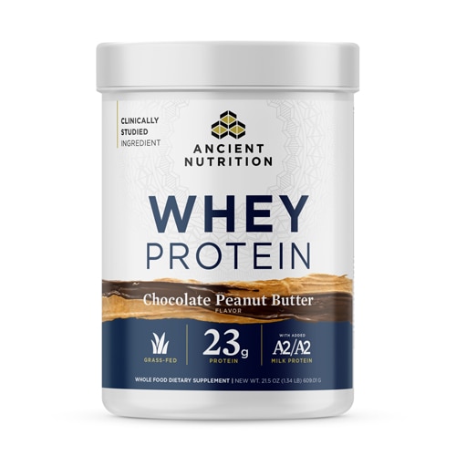 Ancient Nutrition Grass Fed Whey Protein 23g Protein Hydrolyzed Collagen Peptides Organic Regenerative A2-A2 Milk Protein Chocolate Peanut Butter 