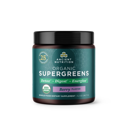 Ancient Nutrition Organic SuperGreens Powder Detox Digest Energize, 12 Servings Berry