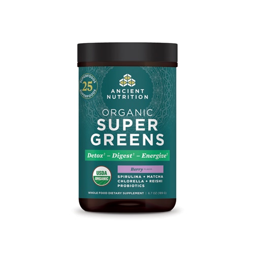 Ancient Nutrition Organic SuperGreens Powder Detox Digest Energize, 25 Servings Berry