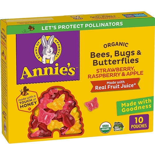 Annie's Homegrown Organic Bees Bugs & Butterflies Fruit Snacks Strawberry Raspberry & Apple