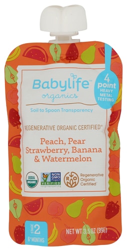 Babylife Organics Baby Food Stage 2 Pouch Peach Pear Strawberry Banana & Watermelon