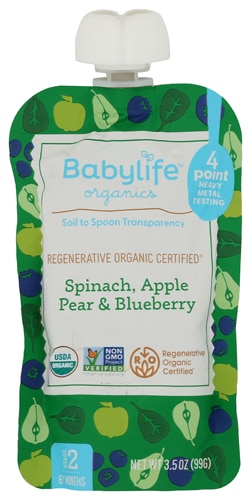 Babylife Organics Baby Food Stage 2 Pouch Spinach Apple Pear & Blueberry
