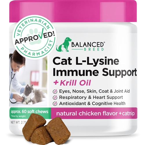 Balanced Breed Cat L-Lysine Immune Support Supplement + Krill Oil Vet Pharmacist Approved Chicken