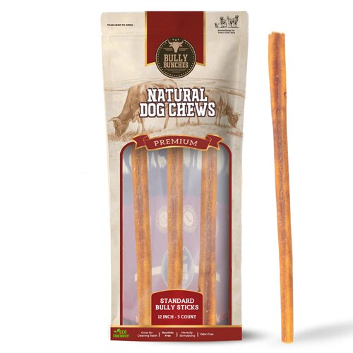 Bully Bunches Natural Dog Chews Bully 12 Inch Stick 3 Pack - Standard