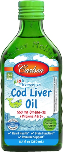 Carlson Kid's Norwegian Cod Liver Oil 550 mg Omega-3s + Vitamins A & D3 Natural Green Apple