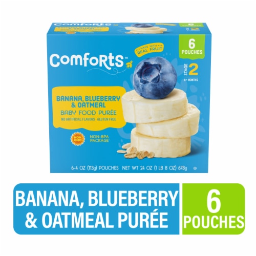 Comforts Baby Food Puree 6+ Months 4 oz Pouch Banana Blueberry & Oatmeal