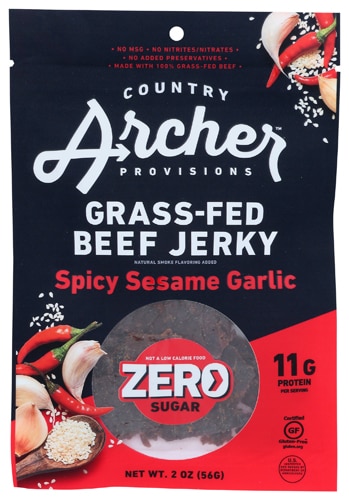 Country Archer Gluten Free Grass-Fed Zero Sugar Beef Jerky Spicy Sesame Garlic