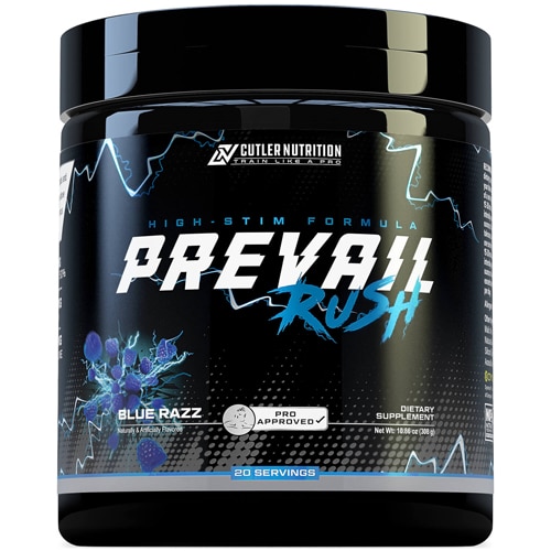 Cutler Nutrition Prevail Rush High Stim Focus and Pump Pre Workout 20 Servings Blue Razz