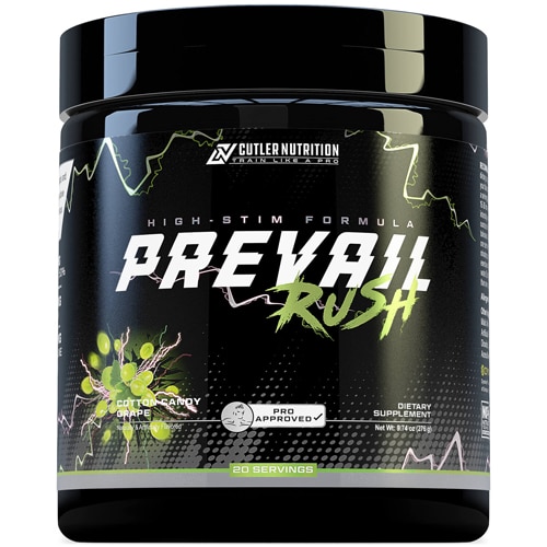 Cutler Nutrition Prevail Rush High Stim Focus and Pump Pre Workout 20 Servings Cotton Candy Grape