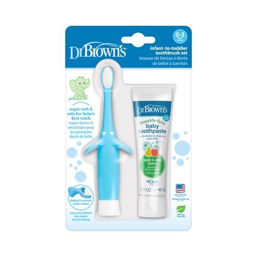 Dr. Brown's Infant-to-Toddler Toothbrush + Apple Pear Toothpaste 0-3 Years 2 Piece Set - Blue Elephant