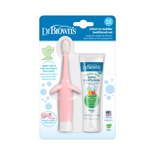 Dr. Brown's Infant-to-Toddler Toothbrush + Apple Pear Toothpaste 0-3 Years 2 Piece Set - Pink Elephant