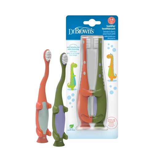 Dr. Brown's Toddler Toothbrush Dinosaur Green and Orange 1- 4 Years BPA Free 2-Pack