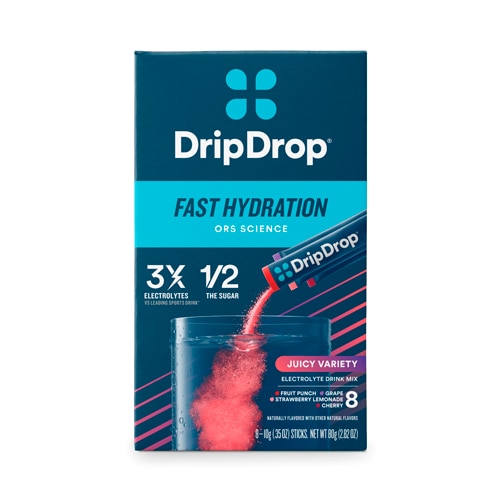 DripDrop Juicy Variety Pack Electrolyte Drink Mix Fruit Punch-Grape-Strawberry Lemonade-Cherry