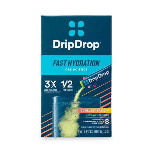 DripDrop Sunburst Variety Pack Electrolyte Drink Mix Lemon Lime-Strawberry-Peach-Black Cherry