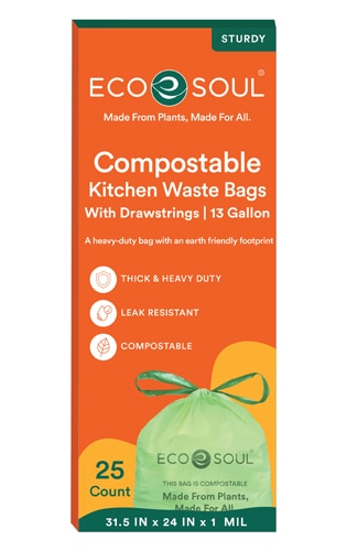 EcoSoul Trash Bags 13 Gallon Drawstring Compostable Plant-Based