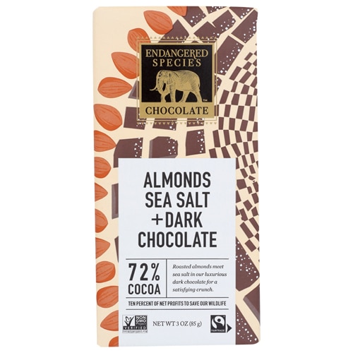 Endangered Species Dark Chocolate 72% Cocoa Bar Vegan Gluten Free Almonds & Sea Salt