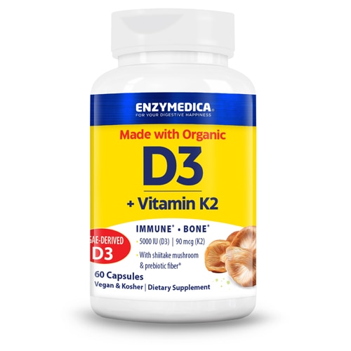 Enzymedica Organic Vitamin D3+K2 with Shitake Mushrooms & Prebiotic Fiber