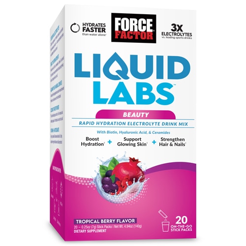 Force Factor Liquid Labs Beauty Rapid Hydration Electrolyte Drink Mix Tropical Berry