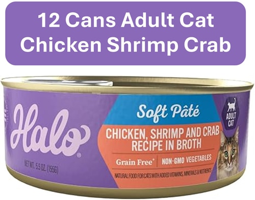 Halo Adult Cat Wet Food Soft Pate 5.5 oz Grain-Free Chicken Shrimp & Crab Recipe in Broth