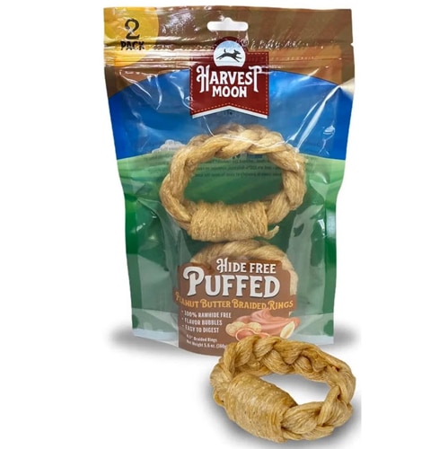 Harvest Moon Dog Chew Treat Hide-Free Puffed Braided Rings Peanut Butter