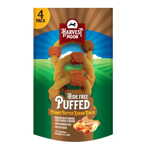 Harvest Moon Dog Chew Treat Hide-Free Puffed Kabob Rings Peanut Butter