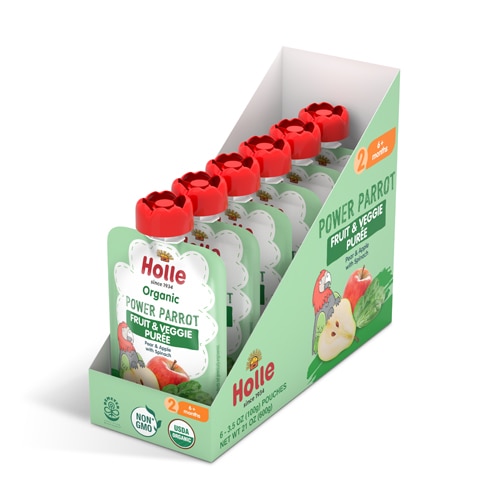 Holle Organic Power Parrot Baby Food Puree 6+ Months Pear & Apple with Spinach