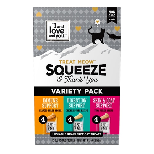 I and Love and You Treat Meow Squeeze & Thank You Moist Cat Treats Variety Pack Seafood Chicken Tuna