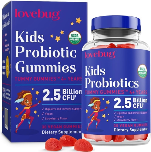 LoveBug Probiotics Organic Kids Probiotics Tummy Gummies Strawberry