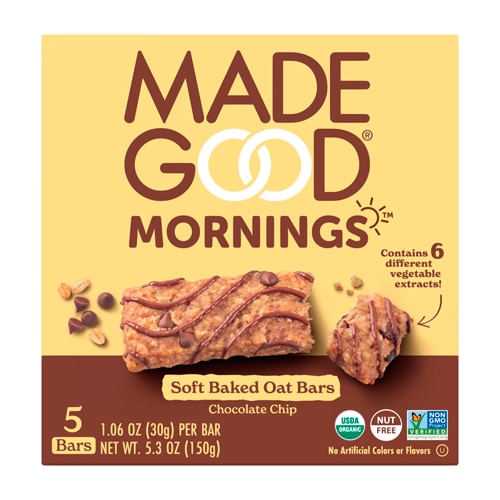 MadeGood Organic Mornings Soft Baked Oat Bars Chocolate Chip