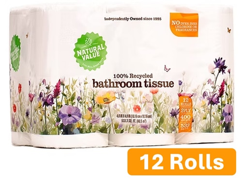 Natural Value Bathroom Tissue 100% Recycled 2 Ply 400 Sheet Roll