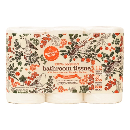 Natural Value Bathroom Tissue 100% Recycled Toilet Paper Double Roll 2 Ply 400 Sheets