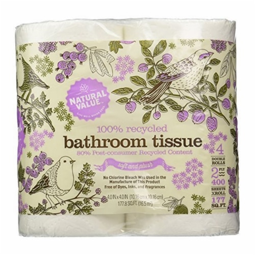 Natural Value Bathroom Tissue 100% Recycled Toilet Paper Double Roll 2 Ply 400 Sheets