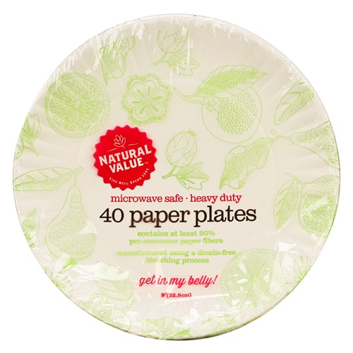 Natural Value Paper Plates 100% Recycled White 9 inch Microwave Safe Heavy Duty