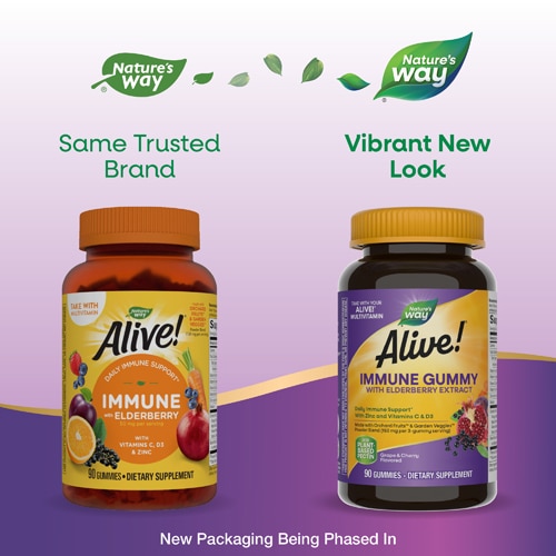 Nature's Way Alive! Immune Gummies - Elderberry Extract - Vitamins C D3 & Zinc