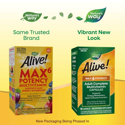 Nature's Way Alive! Max6 Potency Multivitamin - Vitamins B12-C-D-E - No Added Iron