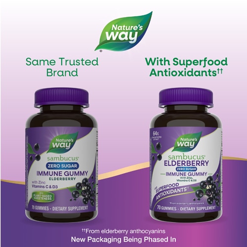 Nature's Way Sambucus Elderberry Zero Sugar Immune Gummies - Vitamins C - D3 - Zinc