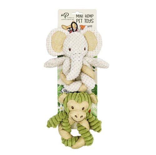 Petique Mini Hemp Twist Monkey and Elephant Squeaker Plush Dog Toys