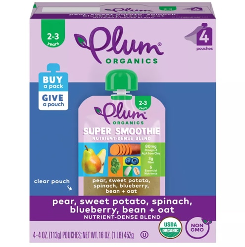 Plum Organics Super Smoothie 2+ Years Pear Sweet Potato Spinach Blueberry Bean & Oat