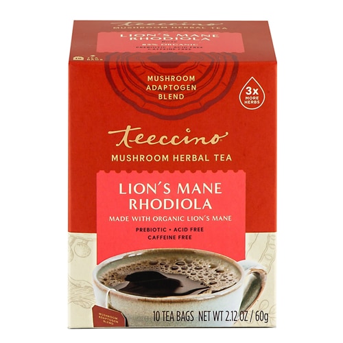 Teeccino Mushroom Herbal Tea Caffeine Free Lion's Mane Rhodiola Rose