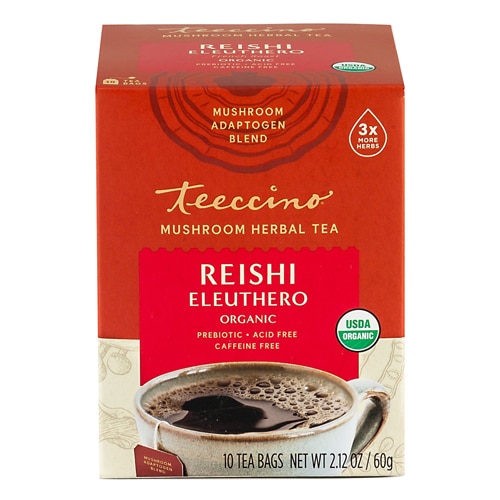 Teeccino Mushroom Herbal Tea Organic Caffeine Free Reishi Eleuthero French Roast