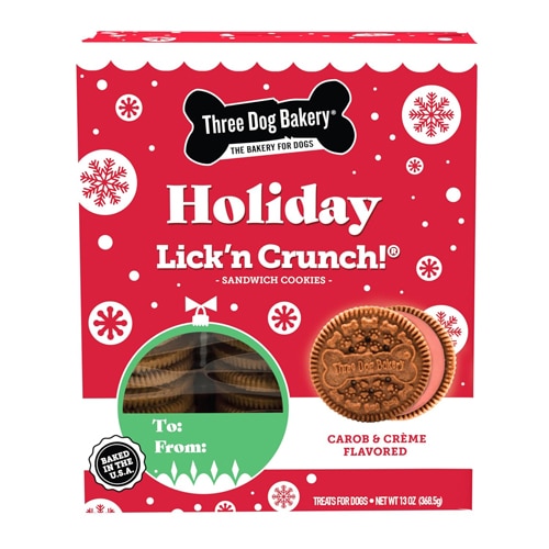 Three Dog Bakery Dog Treats Holiday Lick'n Crunch! Sandwich Cookies Carob Crème