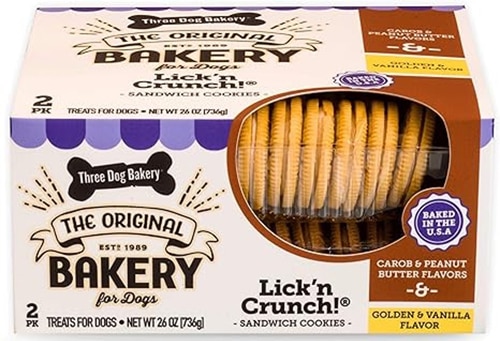 Three Dog Bakery Dog Treats Lick'n Crunch! Sandwich Cookies 2 Flavor Pack Golden & Vanilla + Carob & Peanut Butter