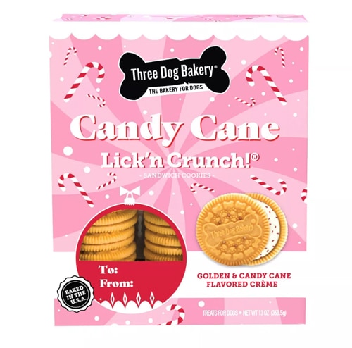 Three Dog Bakery Dog Treats Lickn Crunch! Sandwich Cookies Golden & Candy Cane