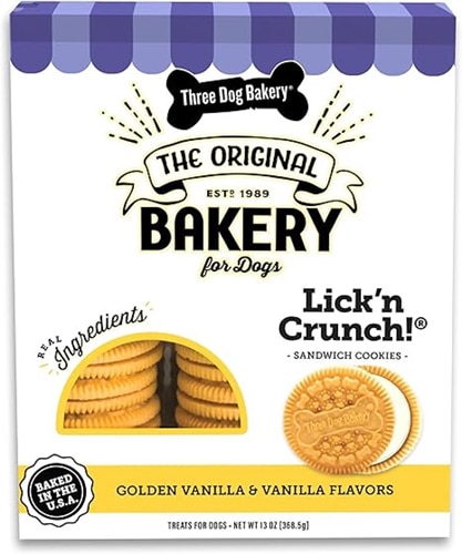 Three Dog Bakery Dog Treats Lick'n Crunch! Sandwich Cookies Golden & Vanilla