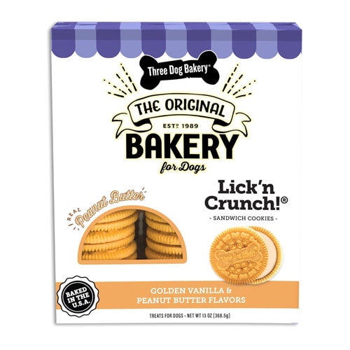 Three Dog Bakery Dog Treats Lick'n Crunch! Sandwich Cookies Golden Vanilla & Peanut Butter