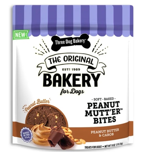 Three Dog Bakery Dog Treats Peanut Mutter Bites Soft Baked Peanut Butter & Carob
