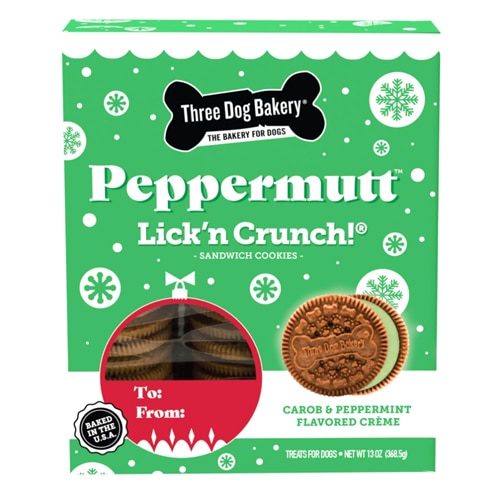 Three Dog Bakery Dog Treats Peppermutt Lickn Crunch! Sandwich Cookies Carob Peppermint