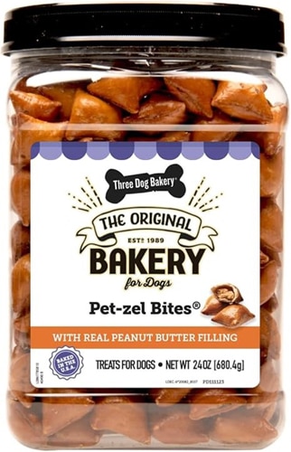Three Dog Bakery Dog Treats Pet-zel Bites Real Peanut Butter Filling