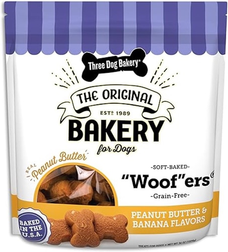 Three Dog Bakery Dog Treats Soft Baked Woofers Grain Free Peanut Butter & Banana